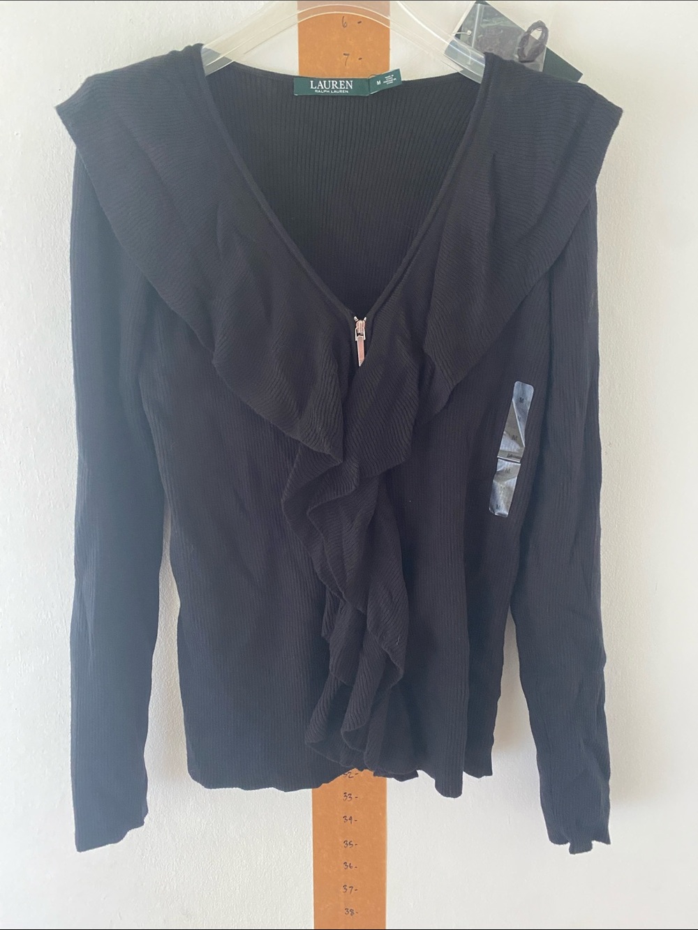 Lauren Ralph Lauren Black Long-Sleeve Ruffle Front Zip Sweater